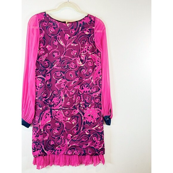 Tory Burch Dress Pink Floral Mini Sheath Wool Silk Long Sleeve Sheer Size 4 - Picture 2 of 14